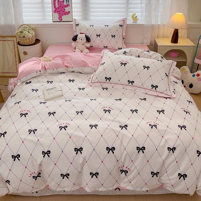 91家纺网 家纺一手货源 找家纺 乐童 2024新款直播爆款13070纯棉印花吊边款一字绣四件套-第七波 爱心蝴蝶结