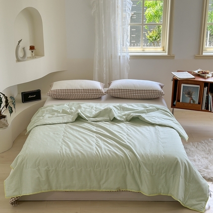 洋铭区 2024新款贝壳边全棉印花夏被 绿小格