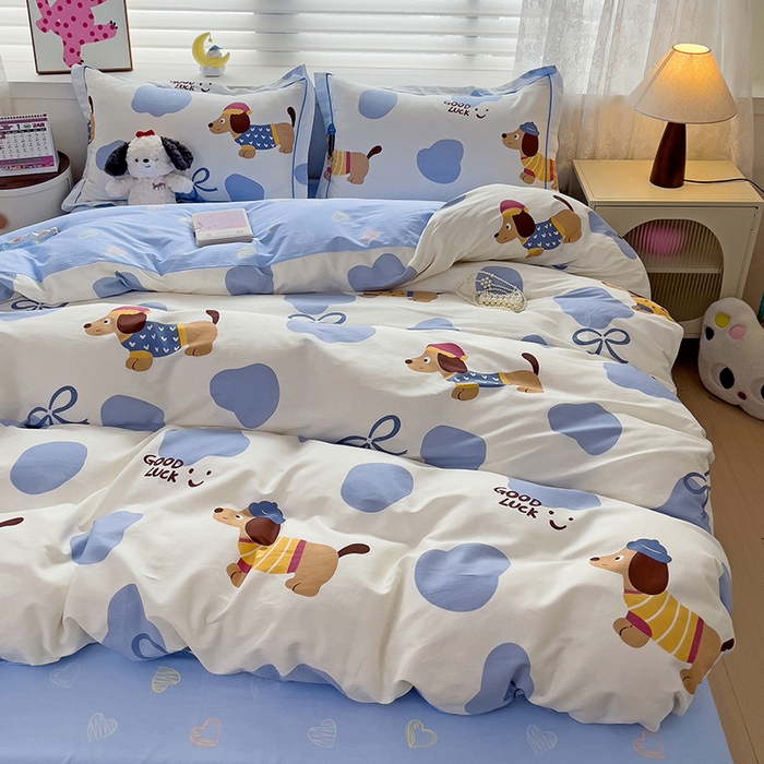 91家纺网 家纺一手货源 找家纺 乐童 2024新款直播爆款13070纯棉印花吊边款一字绣四件套-第七波 萌宠出动