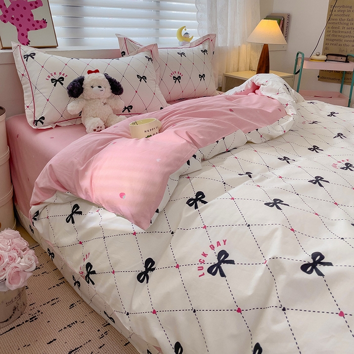 91家纺网 家纺一手货源 找家纺 乐童 2024新款直播爆款13070纯棉印花吊边款一字绣四件套-第七波 爱心蝴蝶结