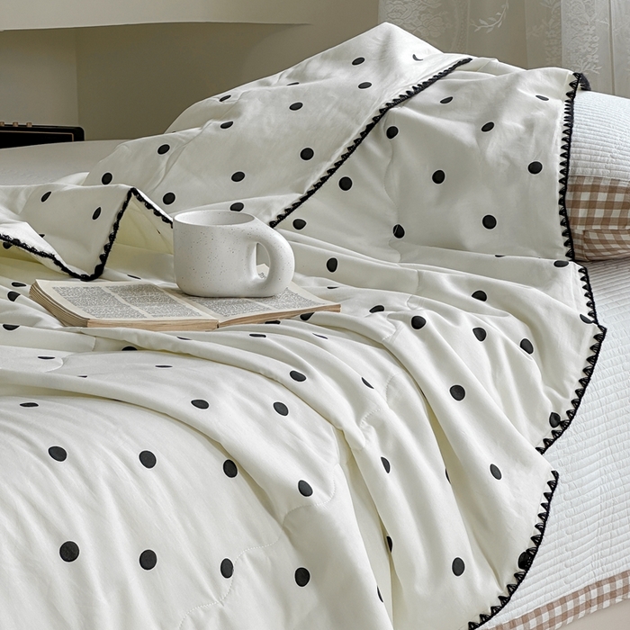 91家纺网 家纺一手货源 找家纺 洋铭区 2024新款贝壳边全棉印花夏被 黑小圆