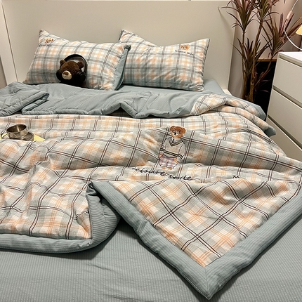 眠帛家居 2024新款水洗棉色织提花刺绣夏被四件套-安迪系列 安迪-雅蓝+繁星蓝