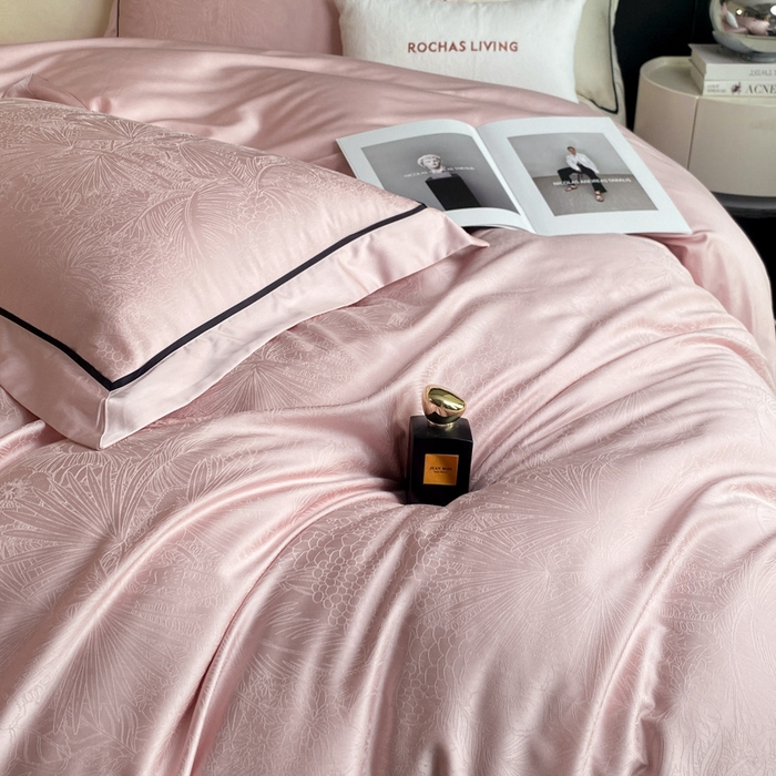 91家纺网 家纺一手货源 找家纺 魅都 2025新款天丝棉提花热带雨林四件套 粉豆沙