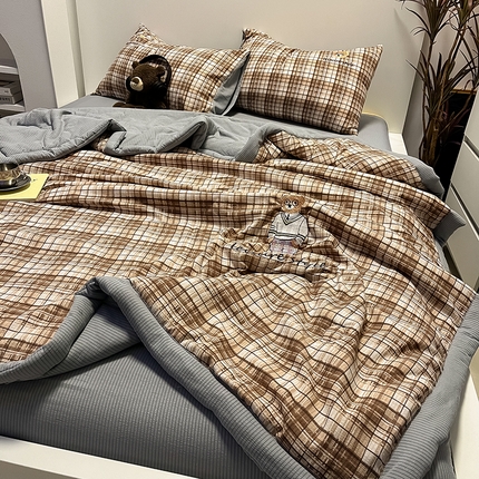 眠帛家居 2024新款水洗棉色织提花刺绣夏被四件套-安迪系列 安迪-奶咖+雾灰