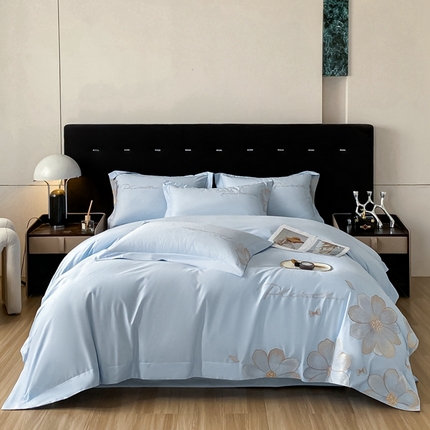 91家纺网 家纺一手货源 找家纺 金牛座 2025新款A类长绒棉全棉刺绣四件套【配礼盒】 锦瑟-浅蓝