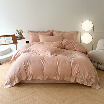 91家纺网 家纺一手货源 找家纺 金牛座 2025新款A类长绒棉全棉刺绣四件套【配礼盒】 繁花-浅豆沙