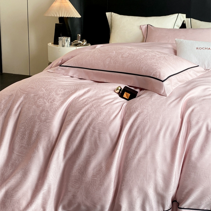 91家纺网 家纺一手货源 找家纺 魅都 2025新款天丝棉提花热带雨林四件套 粉豆沙