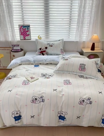 91家纺网 家纺一手货源 找家纺 乐童 2024新款直播爆款13070纯棉印花吊边款一字绣四件套-第七波 可爱小狗