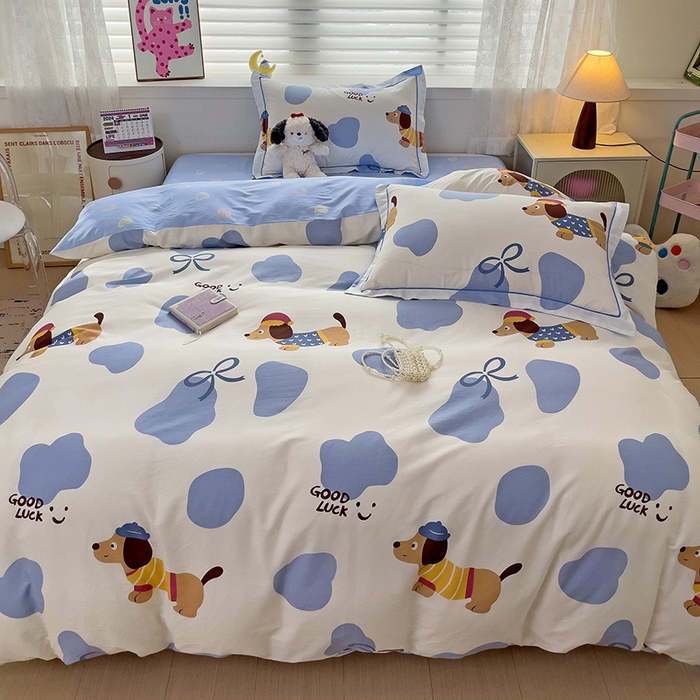 91家纺网 家纺一手货源 找家纺 乐童 2024新款直播爆款13070纯棉印花吊边款一字绣四件套-第七波 萌宠出动