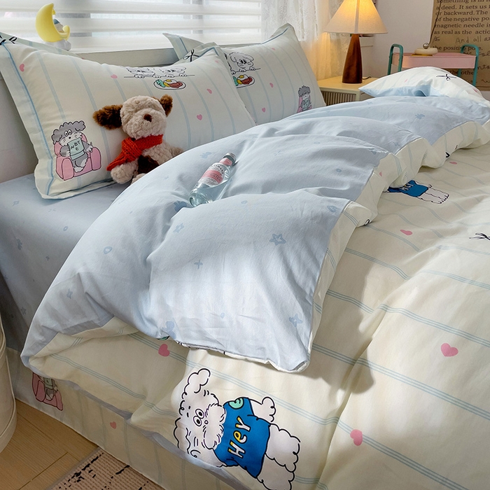 91家纺网 家纺一手货源 找家纺 乐童 2024新款直播爆款13070纯棉印花吊边款一字绣四件套-第七波 可爱小狗