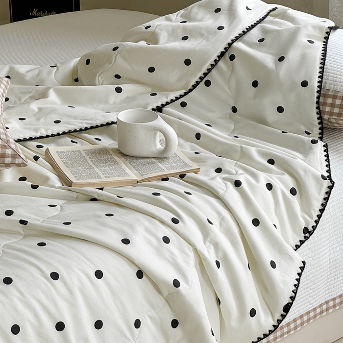 91家纺网 家纺一手货源 找家纺 洋铭区 2024新款贝壳边全棉印花夏被 黑小圆