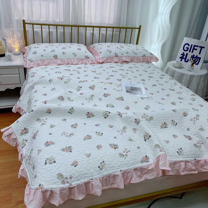 91家纺网 家纺一手货源 找家纺 暖居 2024新款夏季凉感云小棉森氧棉50棉50天丝床盖三件套 町花粉