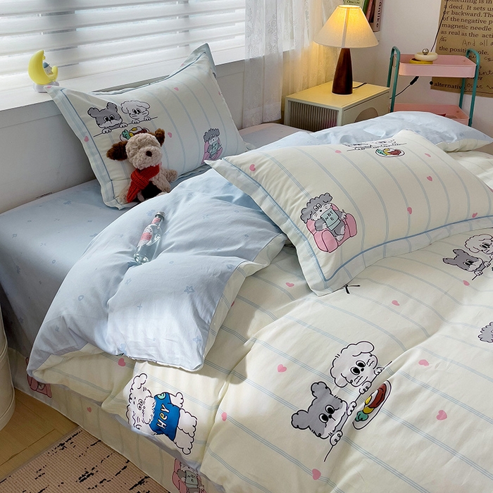 91家纺网 家纺一手货源 找家纺 乐童 2024新款直播爆款13070纯棉印花吊边款一字绣四件套-第七波 可爱小狗