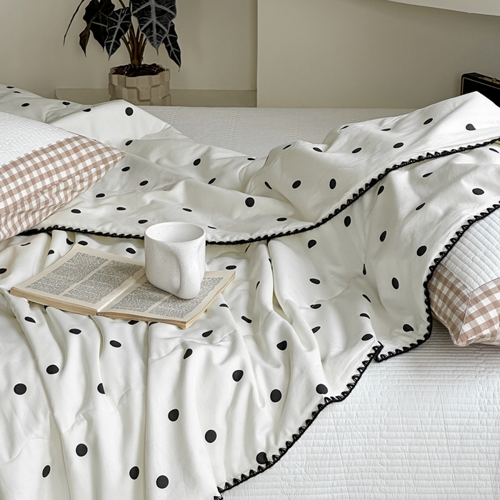 91家纺网 家纺一手货源 找家纺 洋铭区 2024新款贝壳边全棉印花夏被 黑小圆