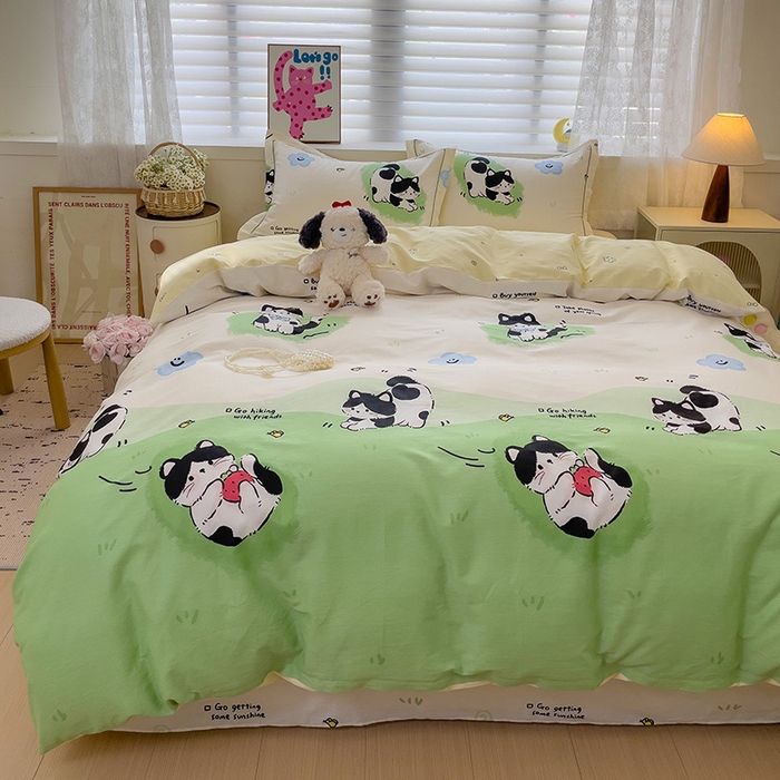 91家纺网 家纺一手货源 找家纺 乐童 2024新款直播爆款13070纯棉印花吊边款一字绣四件套-第七波 淘气喵