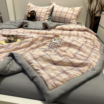 眠帛家居 2024新款水洗棉色织提花刺绣夏被四件套-安迪系列 安迪-桃粉+雾灰