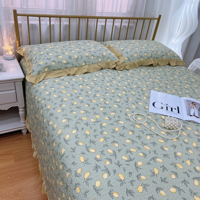 91家纺网 家纺一手货源 找家纺 暖居 2024新款夏季凉感云小棉森氧棉50棉50天丝床盖三件套 柠檬绿