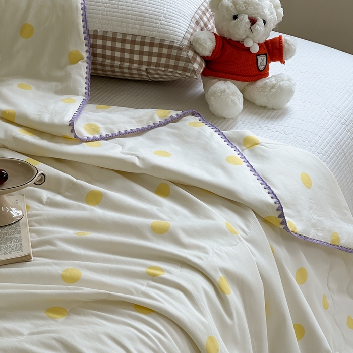 91家纺网 家纺一手货源 找家纺 洋铭区 2024新款贝壳边全棉印花夏被 黄小圆