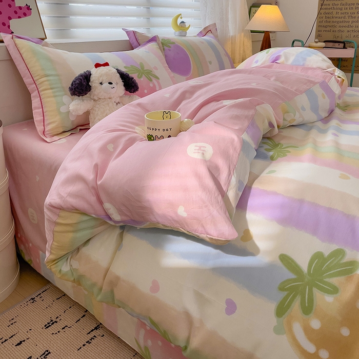 91家纺网 家纺一手货源 找家纺 乐童 2024新款直播爆款13070纯棉印花吊边款一字绣四件套-第七波 爱的萌约