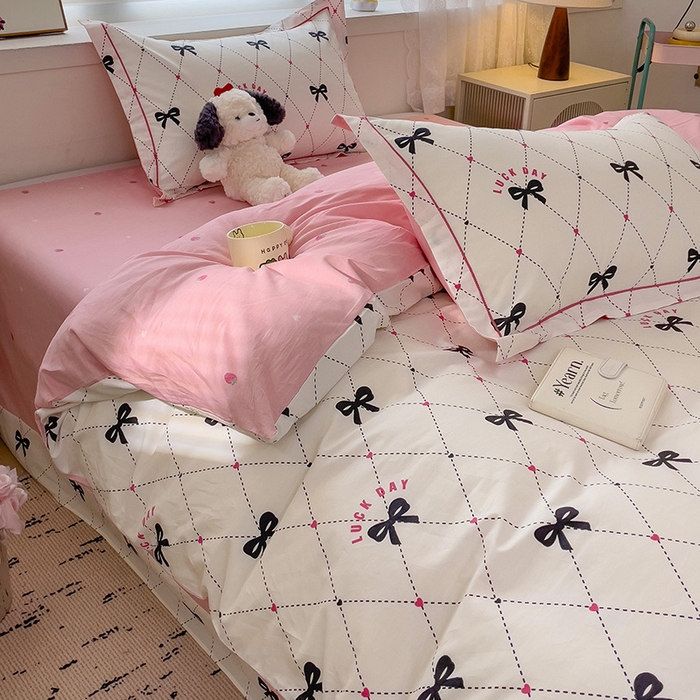 91家纺网 家纺一手货源 找家纺 乐童 2024新款直播爆款13070纯棉印花吊边款一字绣四件套-第七波 爱心蝴蝶结