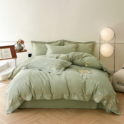 91家纺网 家纺一手货源 找家纺 金牛座 2025新款A类长绒棉全棉刺绣四件套【配礼盒】 繁花-浅绿