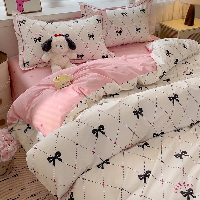 91家纺网 家纺一手货源 找家纺 乐童 2024新款直播爆款13070纯棉印花吊边款一字绣四件套-第七波 爱心蝴蝶结