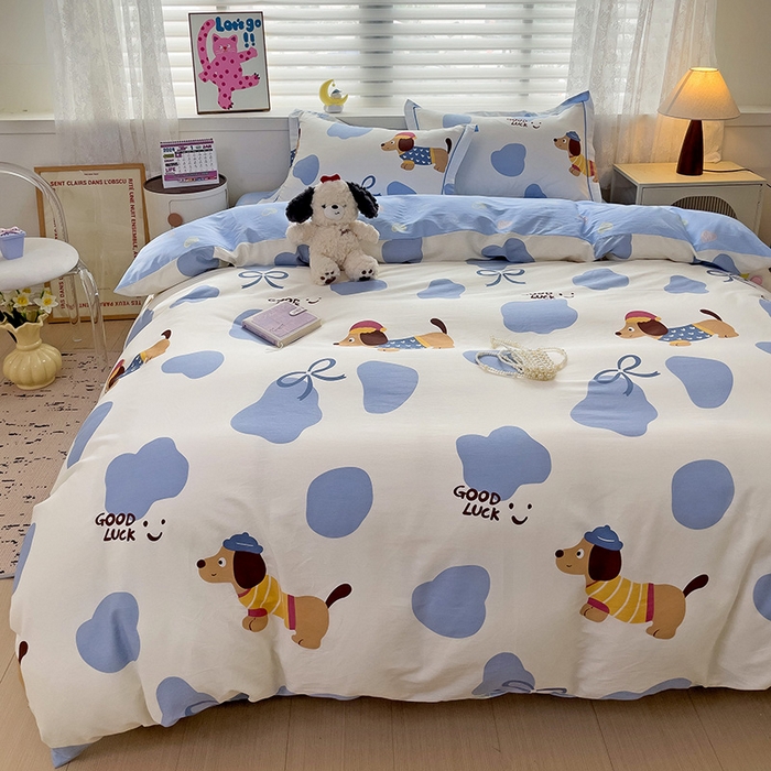 91家纺网 家纺一手货源 找家纺 乐童 2024新款直播爆款13070纯棉印花吊边款一字绣四件套-第七波 萌宠出动