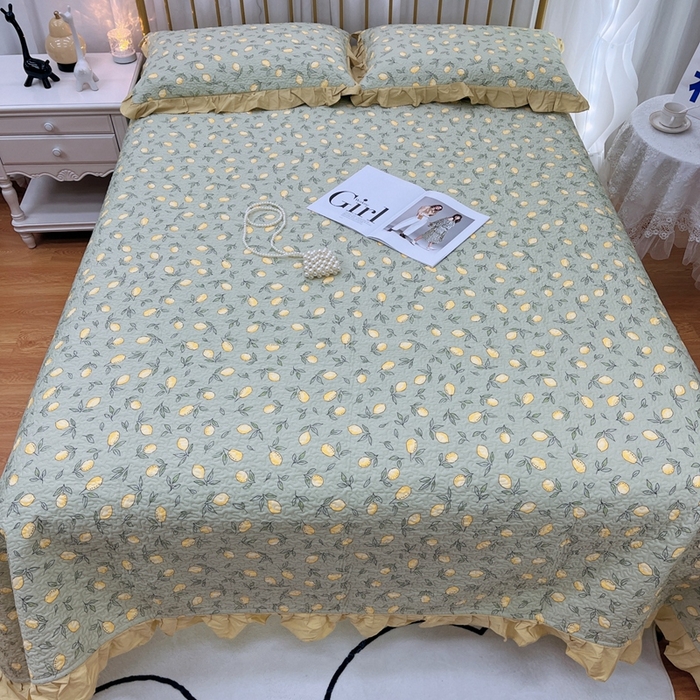 91家纺网 家纺一手货源 找家纺 暖居 2024新款夏季凉感云小棉森氧棉50棉50天丝床盖三件套 柠檬绿