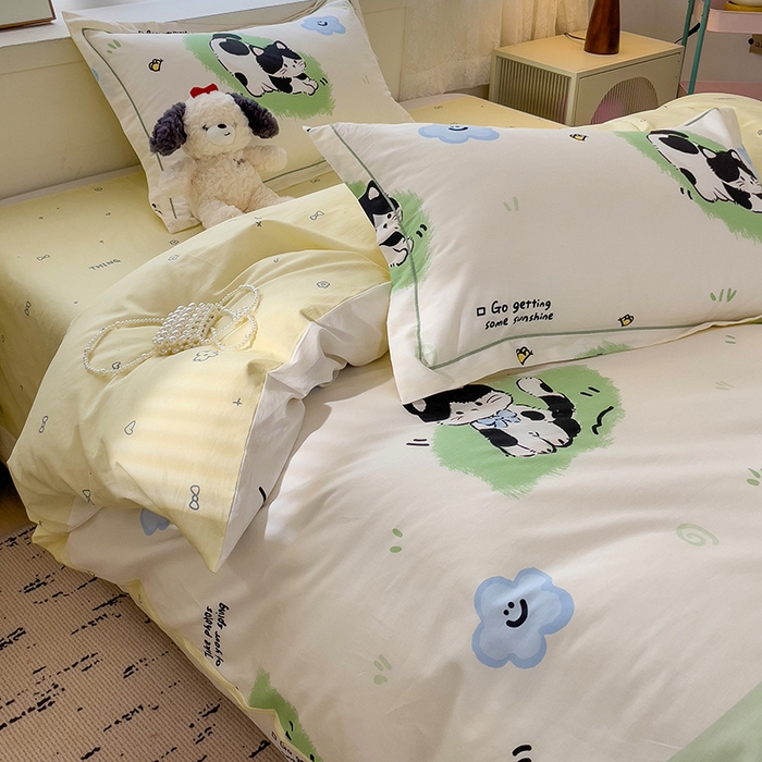 91家纺网 家纺一手货源 找家纺 乐童 2024新款直播爆款13070纯棉印花吊边款一字绣四件套-第七波 淘气喵