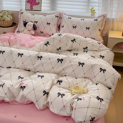 乐童 2024新款直播爆款13070纯棉印花吊边款一字绣四件套-第七波 爱心蝴蝶结