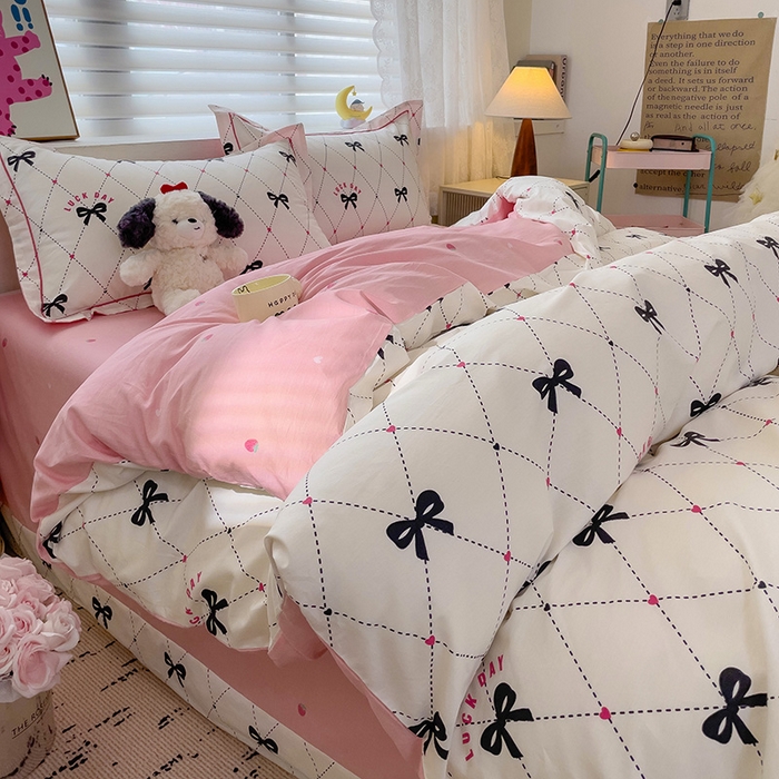 91家纺网 家纺一手货源 找家纺 乐童 2024新款直播爆款13070纯棉印花吊边款一字绣四件套-第七波 爱心蝴蝶结