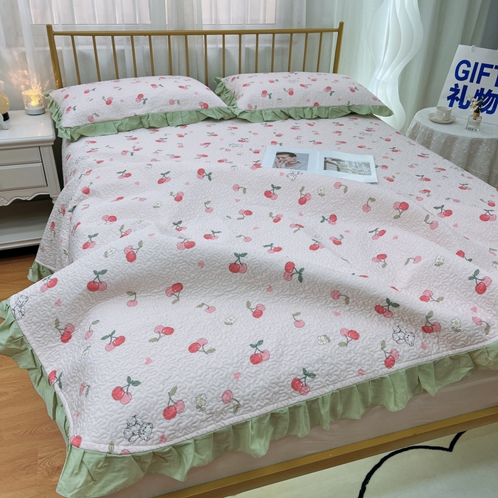 91家纺网 家纺一手货源 找家纺 暖居 2024新款夏季凉感云小棉森氧棉50棉50天丝床盖三件套 樱桃小熊粉