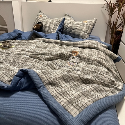 眠帛家居 2024新款水洗棉色织提花刺绣夏被四件套-安迪系列 安迪-烟灰+冰岛蓝