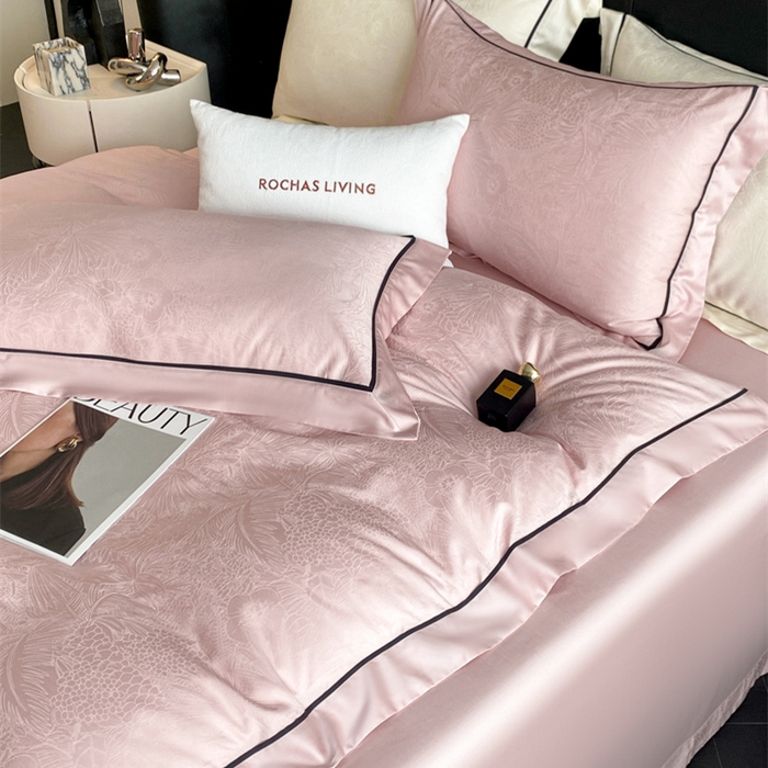 91家纺网 家纺一手货源 找家纺 魅都 2025新款天丝棉提花热带雨林四件套 粉豆沙