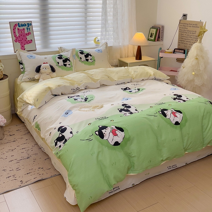 91家纺网 家纺一手货源 找家纺 乐童 2024新款直播爆款13070纯棉印花吊边款一字绣四件套-第七波 淘气喵