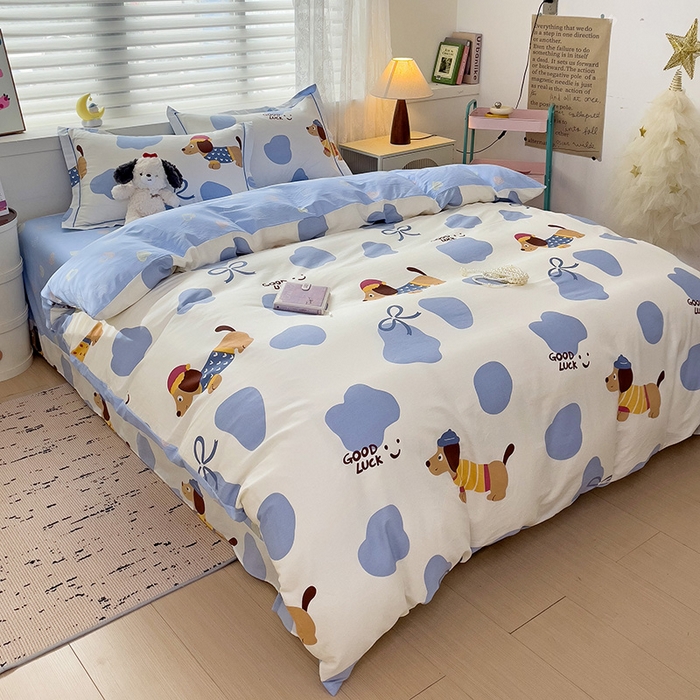 91家纺网 家纺一手货源 找家纺 乐童 2024新款直播爆款13070纯棉印花吊边款一字绣四件套-第七波 萌宠出动