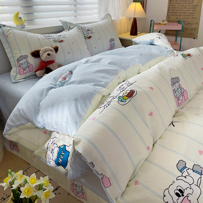 91家纺网 家纺一手货源 找家纺 乐童 2024新款直播爆款13070纯棉印花吊边款一字绣四件套-第七波 可爱小狗