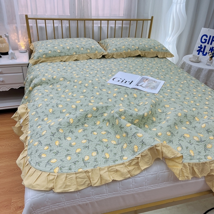 91家纺网 家纺一手货源 找家纺 暖居 2024新款夏季凉感云小棉森氧棉50棉50天丝床盖三件套 柠檬绿