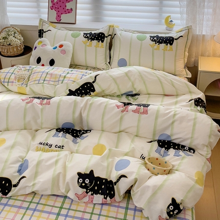 乐童 2024新款直播爆款13070纯棉印花吊边款一字绣四件套-第七波 慵懒小猫