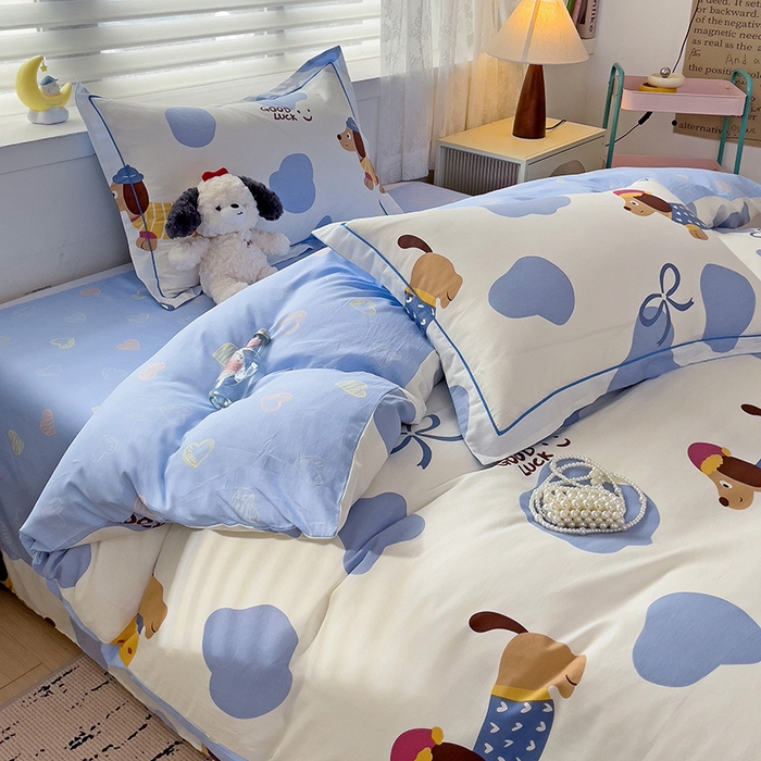 91家纺网 家纺一手货源 找家纺 乐童 2024新款直播爆款13070纯棉印花吊边款一字绣四件套-第七波 萌宠出动