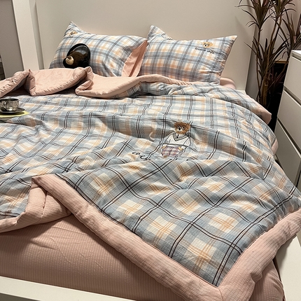 眠帛家居 2024新款水洗棉色织提花刺绣夏被四件套-安迪系列 安迪-天空蓝+奶油粉