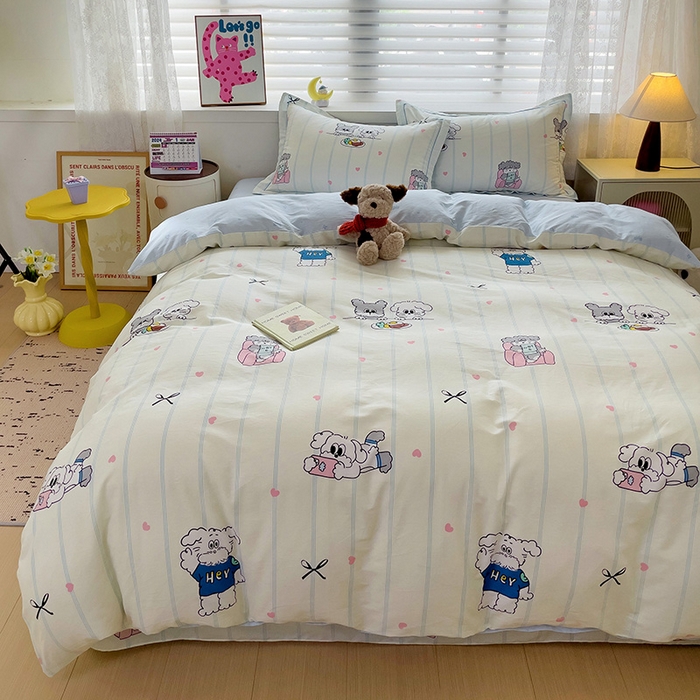 91家纺网 家纺一手货源 找家纺 乐童 2024新款直播爆款13070纯棉印花吊边款一字绣四件套-第七波 可爱小狗