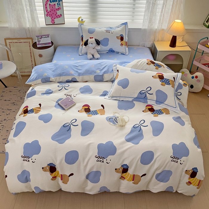 91家纺网 家纺一手货源 找家纺 乐童 2024新款直播爆款13070纯棉印花吊边款一字绣四件套-第七波 萌宠出动