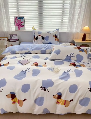 91家纺网 家纺一手货源 找家纺 乐童 2024新款直播爆款13070纯棉印花吊边款一字绣四件套-第七波 萌宠出动