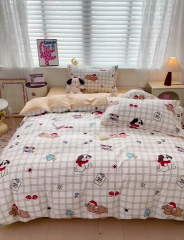 91家纺网 家纺一手货源 找家纺 乐童 2024新款直播爆款13070纯棉印花吊边款一字绣四件套-第七波 萌趣家族