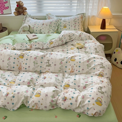 乐童 2024新款直播爆款13070纯棉印花吊边款一字绣四件套-第七波 甜兔瑶