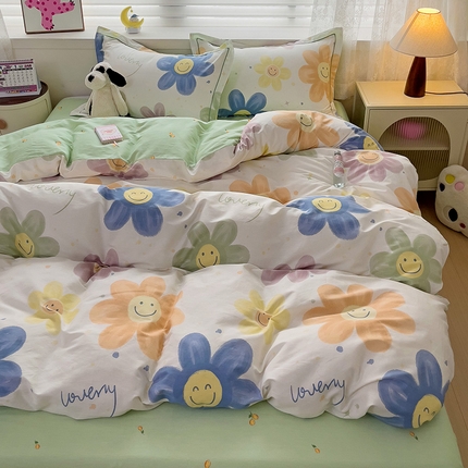 乐童 2024新款直播爆款13070纯棉印花吊边款一字绣四件套-第七波 微笑芭莎