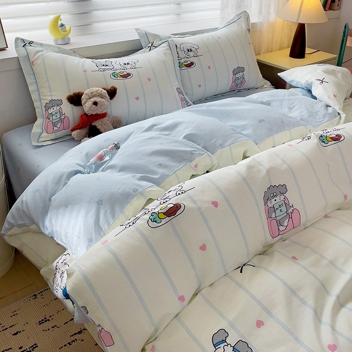 91家纺网 家纺一手货源 找家纺 乐童 2024新款直播爆款13070纯棉印花吊边款一字绣四件套-第七波 可爱小狗