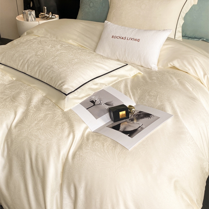 91家纺网 家纺一手货源 找家纺 魅都 2025新款天丝棉提花热带雨林四件套 奶油白