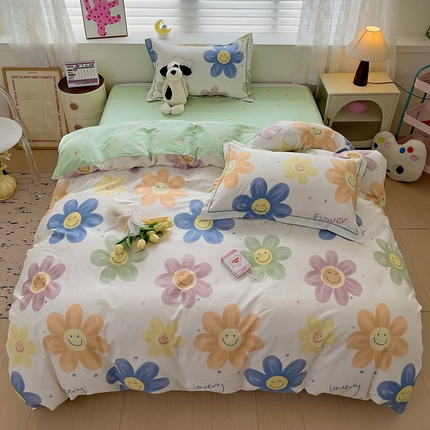 91家纺网 家纺一手货源 找家纺 乐童 2024新款直播爆款13070纯棉印花吊边款一字绣四件套-第七波 微笑芭莎